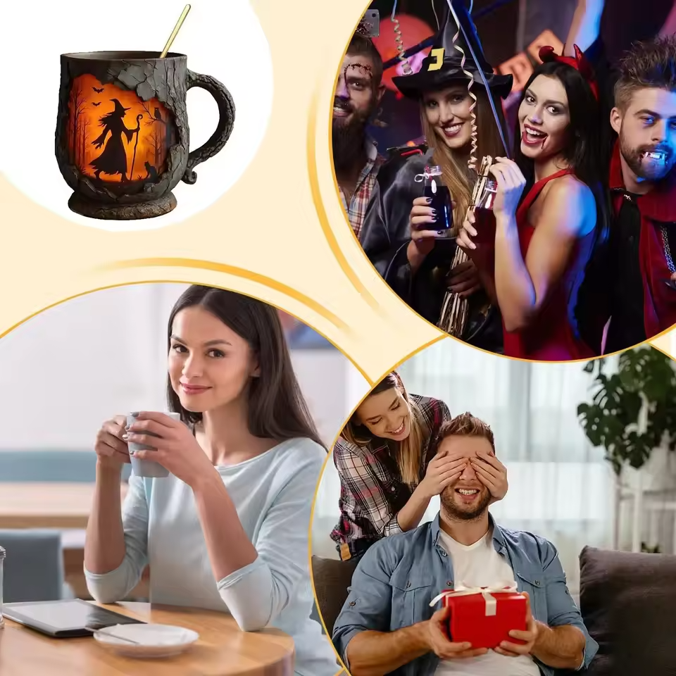 Amatnieka 3D Halovīni Krūze – Ar Raganas un Kaķa Dizainu